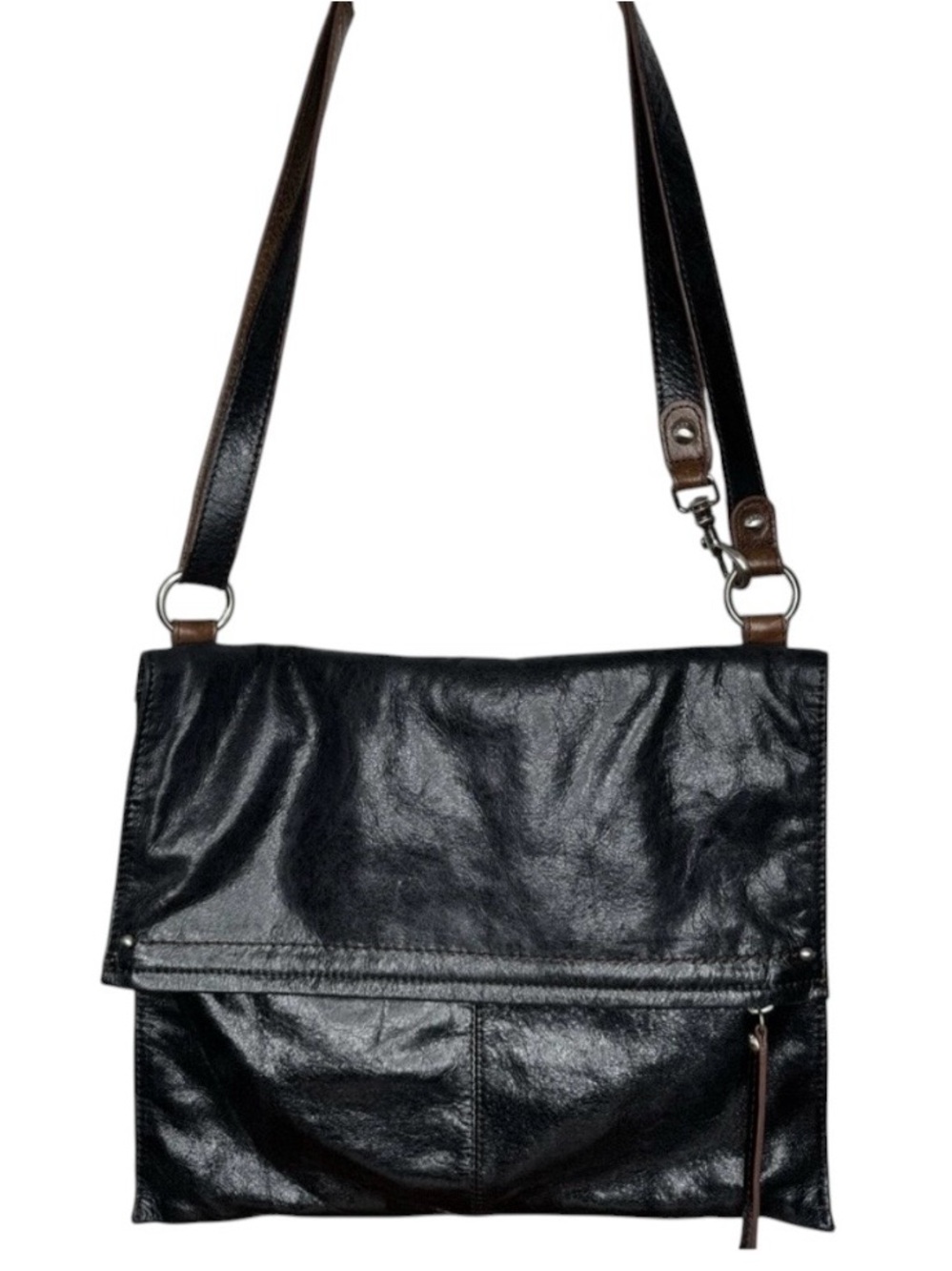 HOBO Intl Black Leather Fold Over Cross Body Shoulder Bag w Multi Compartments